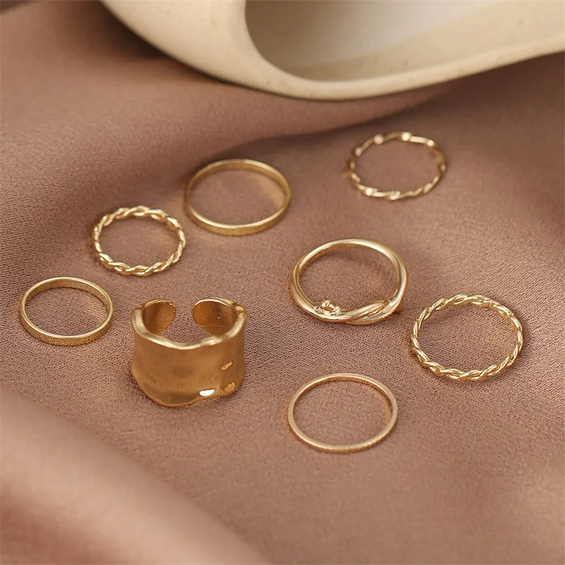 

IFMIA 2021 New Fashion Punk 8pcs/set Minimalist Gold Silver Color Geometric Metal Chain Knot Rings For Women Femme Party Jewelry