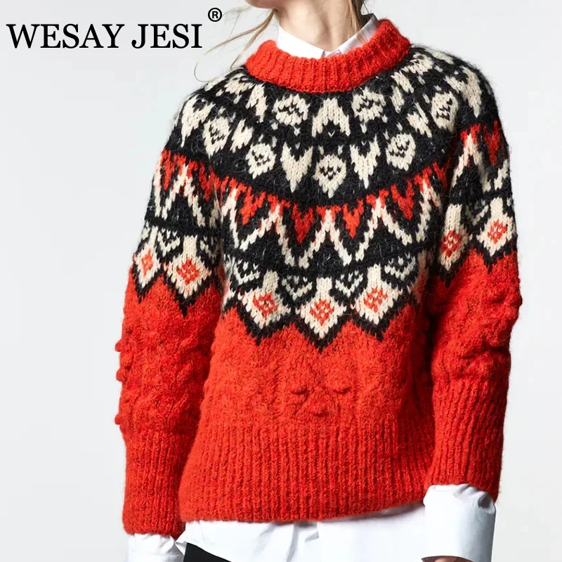 

WESAY JESI ZA 2021 Winter Clothes Women Sweater Oversize Knitted Ethnic Pullover Top Female Long Sleeve Vintage Warm Sweater Top