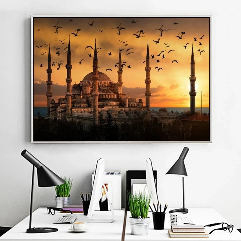Картины на холсте с изображением заката в мусульманской мечети настенные