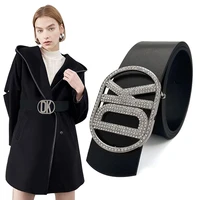 fashion design leather belts for women wide corset waist strap sparkling rhinestones buckle female black waistband with dress