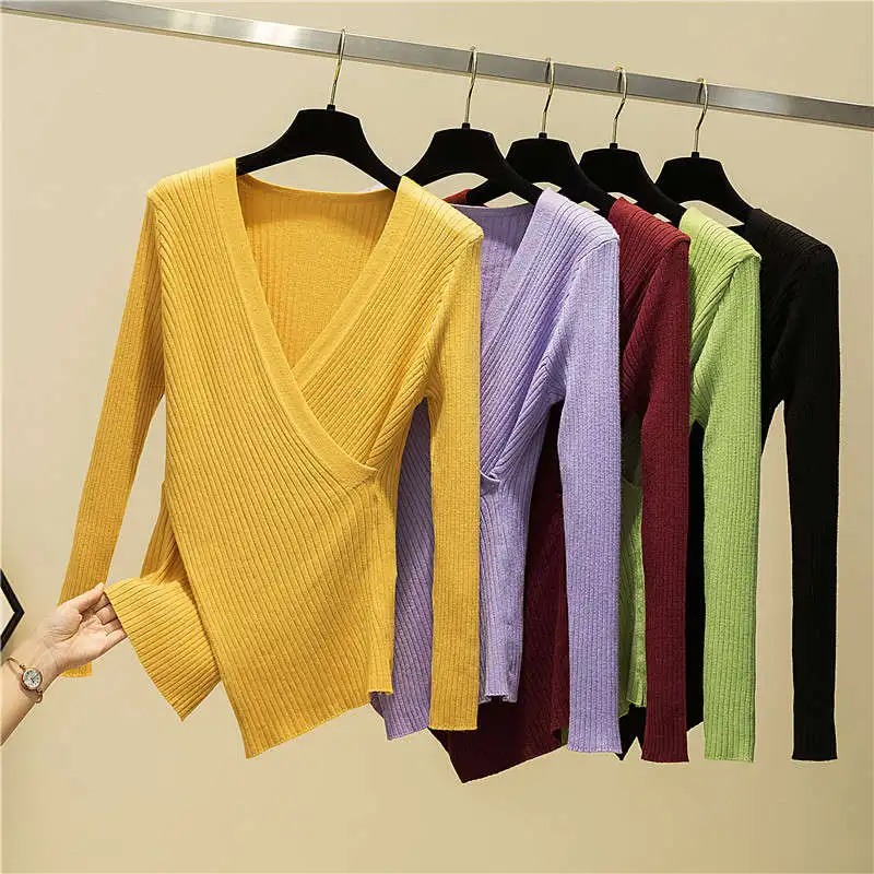 

Irregular V-Neck Long-Sleeved Slim Knit Sweater Women Fashion Elegant Bottoming Solid Stretch Pullover Autumn Winter Tops C7663