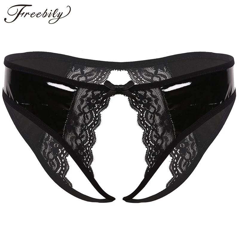 

Women Lingerie Femme Wet Look Leather Crotchless Jockstrap Lace Edge Cheeky Hipster Briefs Underwear Open Crotch Sexy Panties