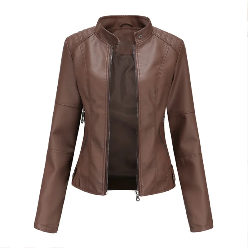 Женская Байкерская кожаная куртка на молнии красная черная абрикосовая кофейная