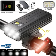 USB Front Bicycle Light 5 LED Bike Handlebar Lamp Digital Display Cycling Flashlight with TYPE-C Charging Power Bank Function
