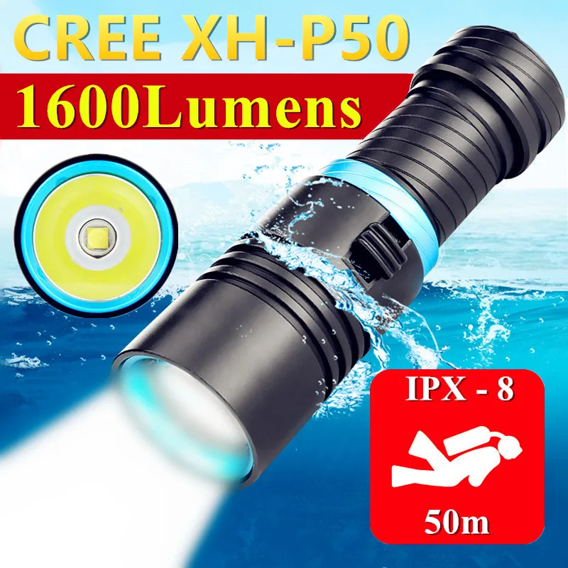 

CREE XHP50/L2/T6 Underwater Lighting 50m IPX-8 Waterproof LED Diving Flashlight Torch Outdoor Camping Lanterna Dive Fill Lights