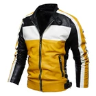 Мужская кожаная куртка-бомбер, Повседневная мотоциклетная кожаная куртка, винтажная куртка из искусственной кожи с цветными блоками