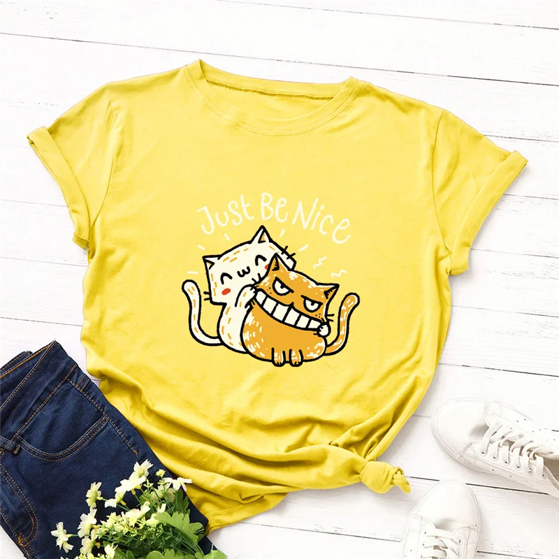 

Summer Funny Cotton Tops Women Cartoon Cat Print White T Shirt Short Sleeve Tee Slim Fit Soft Casual Woman Tshirt Large Size 5XL