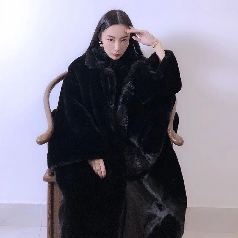 2021 Winter Women High Quality Faux Mink Fur Coat Luxury Long Fur Coat Lapel Overcoat Thick Warm Plus Size Plush Coats Female