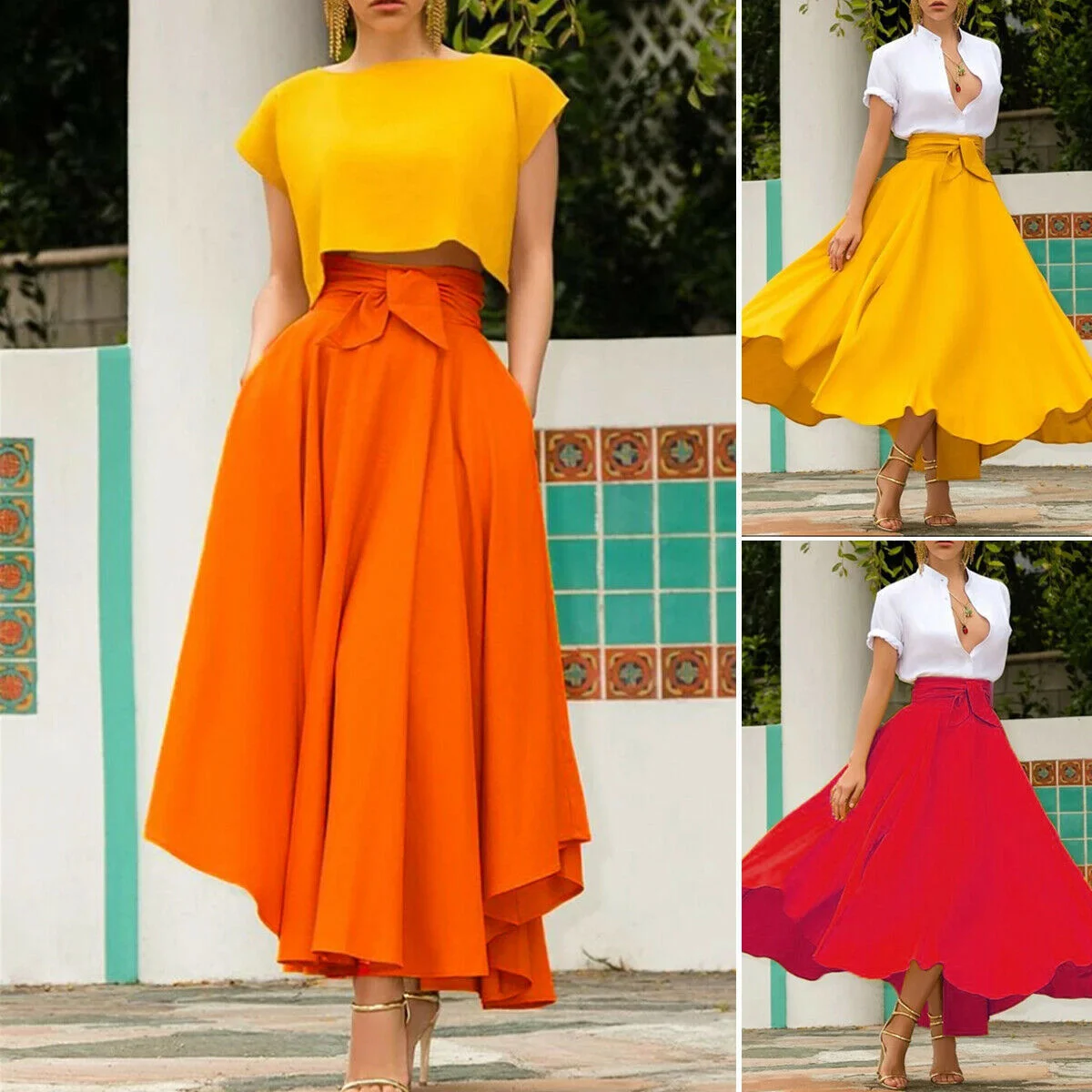 

Fashion Womens Vintage High Waist Skirts Ladies Maxi Solid Bandage Pleated Long Cocktail Party Summer A Line Skirt