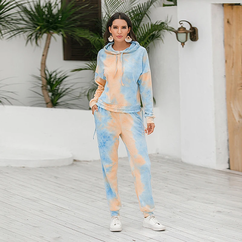 Костюм спортивный женский из 2 предметов худи и штаны с принтом тай-дай |