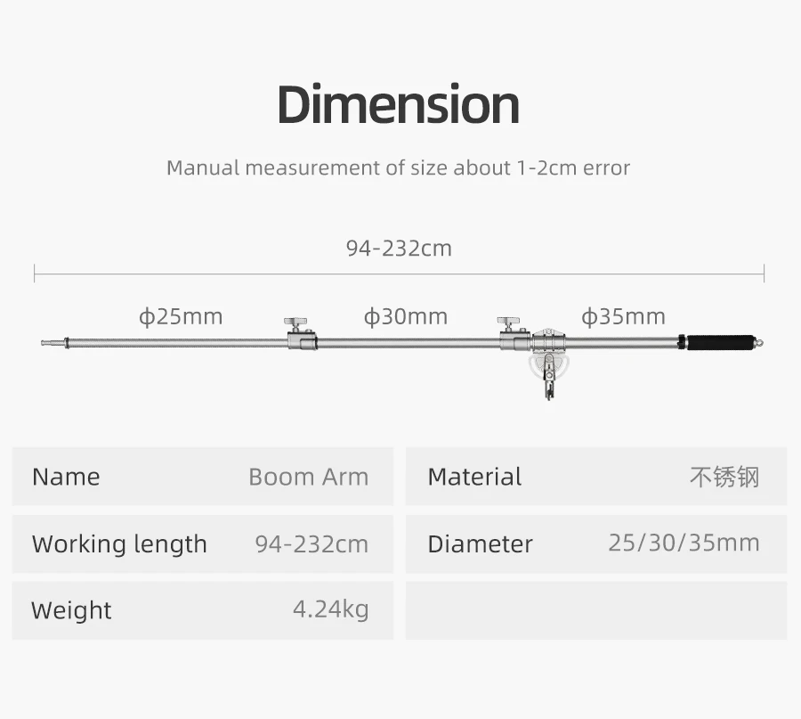 MF-01 из нержавеющей стали 94-232 см 3"-91" для студийной фотосъемки, телескопическая стрела, верхний светильник для профессиональной студийной вспышки, стробоскоп