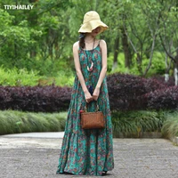 tiyihailey free shipping a line cotton long maxi dress women sleeveless loose spaghetti strap flower print summer green dresses