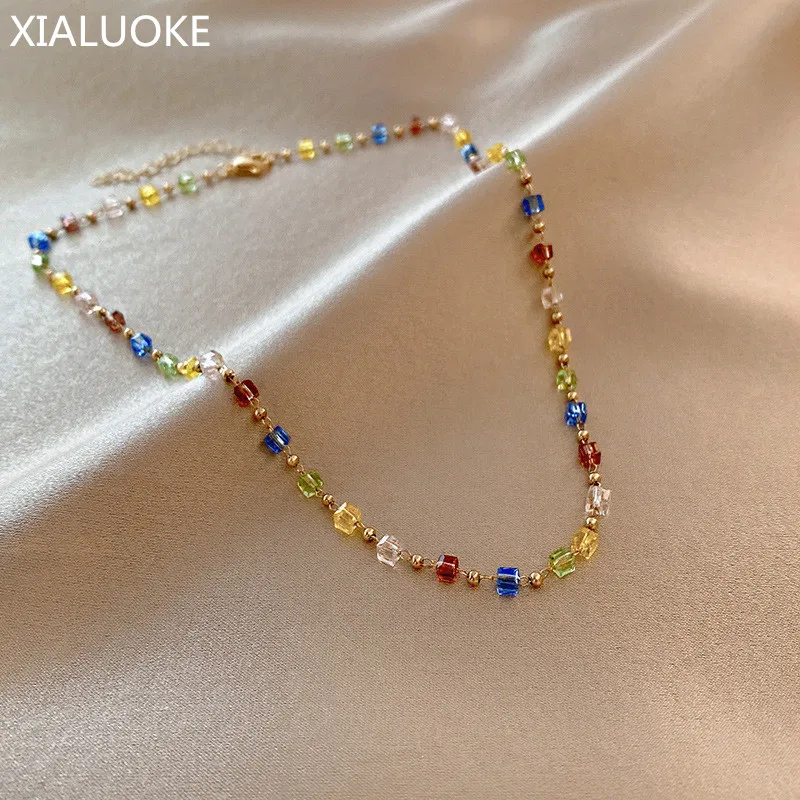 

XIALUOKE Fashion Dazzle Color Square Glass Beads Necklace Women Temperament Elegant Chain Clavicle Choker Necklaces Jewelry