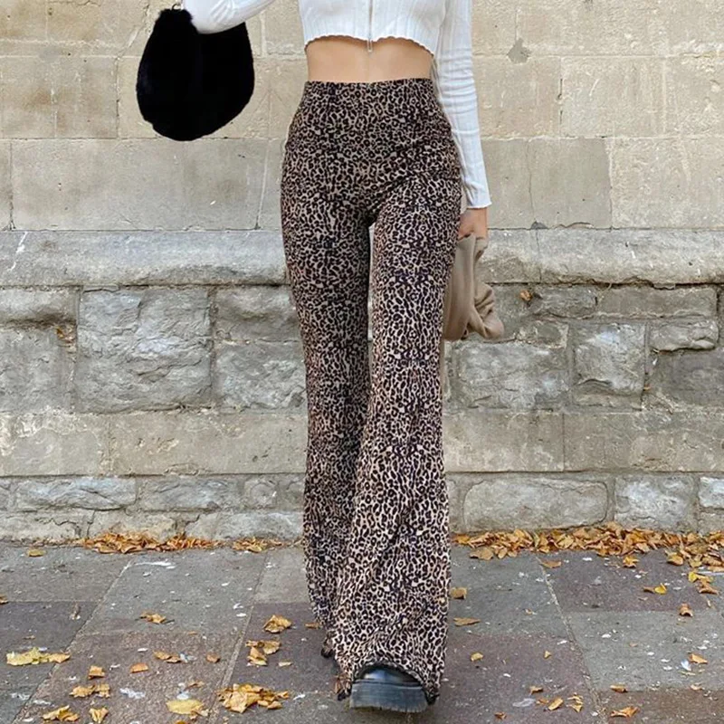 

Brown Leopard Y2K Mesh Flare Pants Women Joggers Low Waist 90s Streetwear E Girl Aesthetic Straight Trousers Female Sweatpants