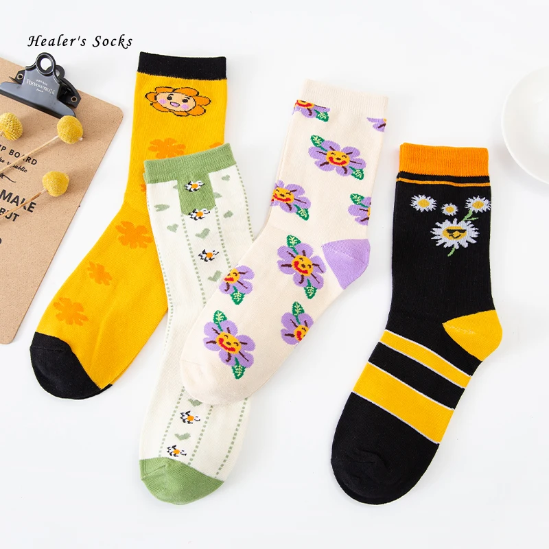 

2020 New Funny Sunflower Women Socks Cotton Fower Harajuku Fashion Soft College Style Kawaii Happy Classic Girls Tube Socks