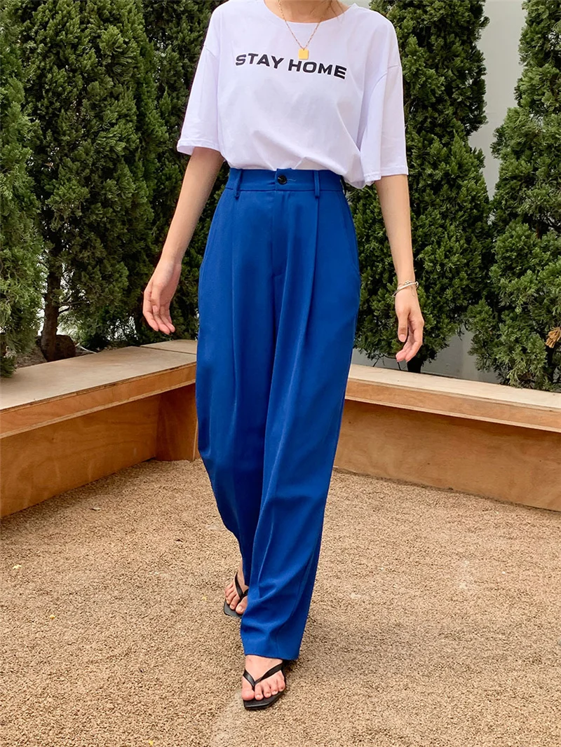 

Qooth Blue Drape High Waist Straight Trousers Womens Summer Fashion Loose Slim Wide-leg Pants Office Lady All Match Pants QT716