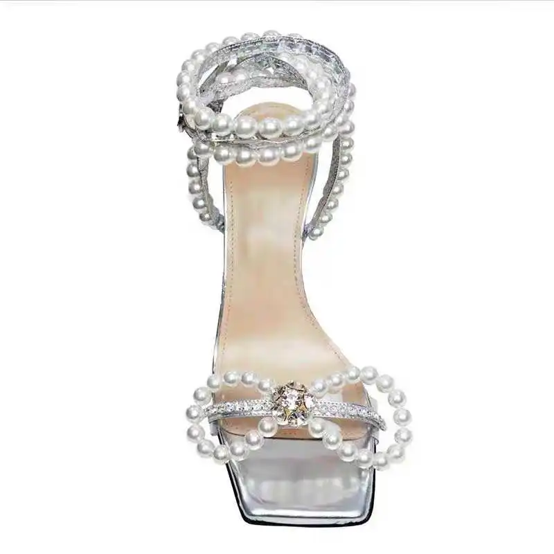 

summer new 2021 2020 new pearl diamond button high heels women's thin heel sexy transparent bow fairy sandals