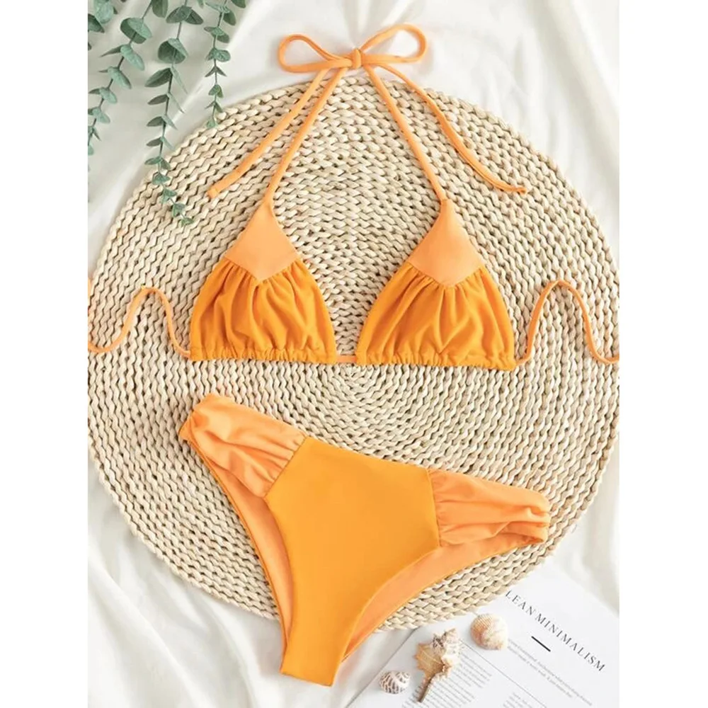 

2021 Women's Split Swimsuit Solid Color Sexy Pleated Bikini