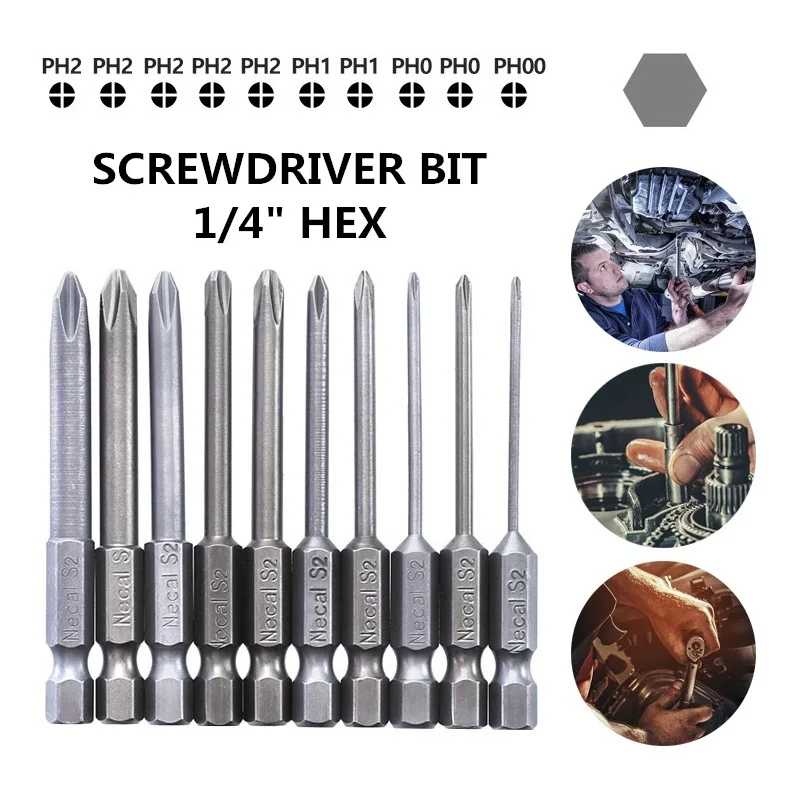 

10PCS 1/4" Hex Phillips Cross Head 65mm S2 Screw Driver Bits Magnetic Set PH Electric Screwdriver Bit Alloy Steel Tool Set