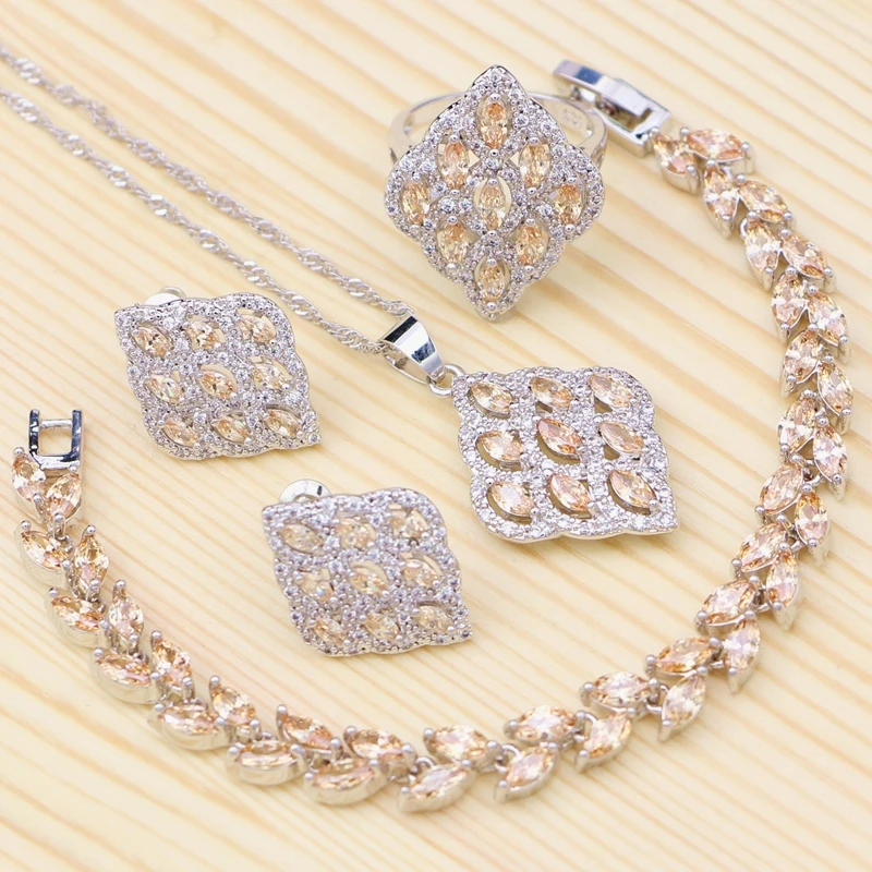

Silver 925 Bridal Jewelry Sets For Women Champagne Cubic Zirconia Ring Bracelet Necklace Pendant Stud Earrings Set
