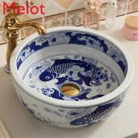 blue and white porcelain with the table basin vintage sink simple table basin circular hotel toilet 40cm inter platform basin