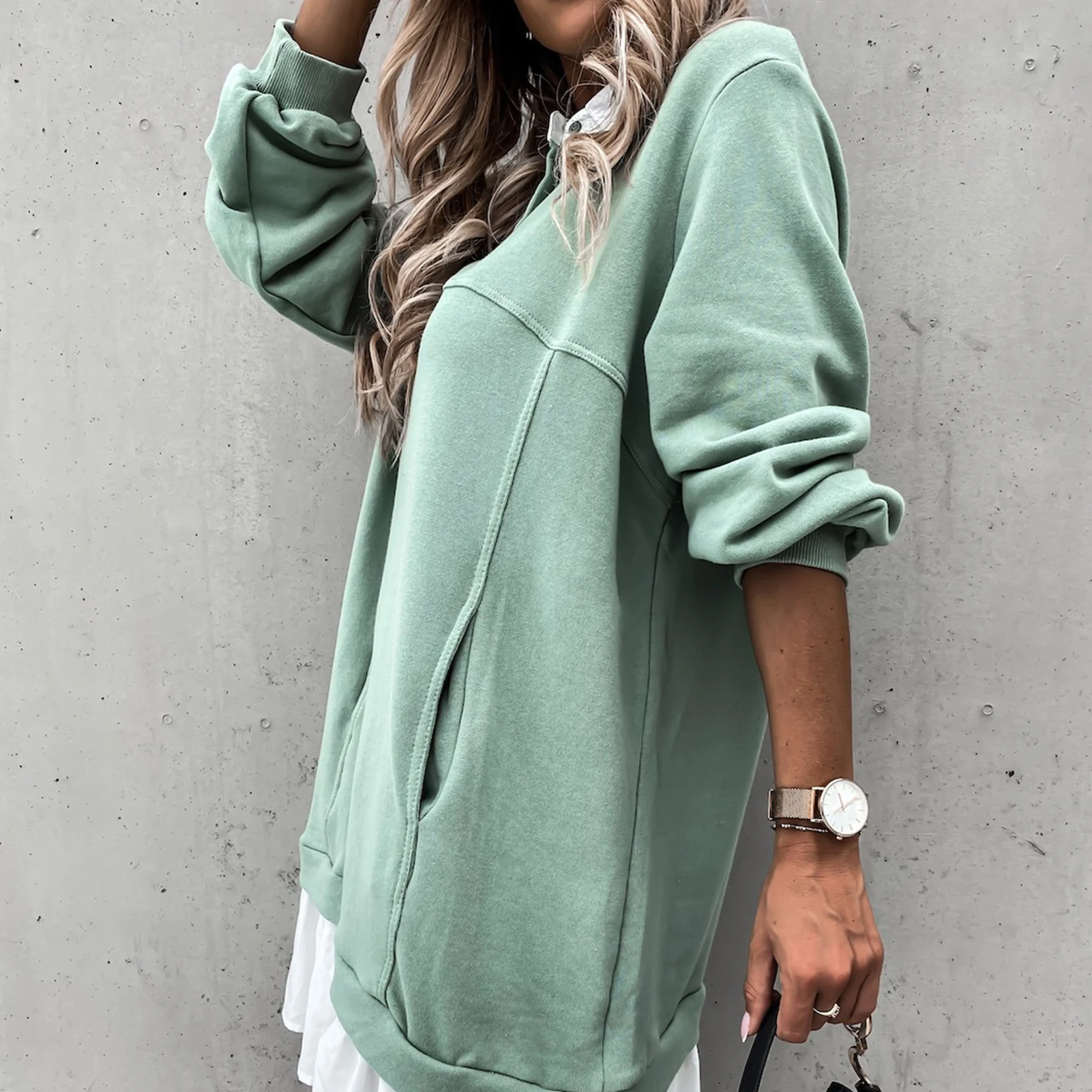 

Elegant Women Patchwork Solid Color Dress Autumn Turn-down Collar Button Dresses Ladies Long Sleeve Casual Sweatshirt Dress