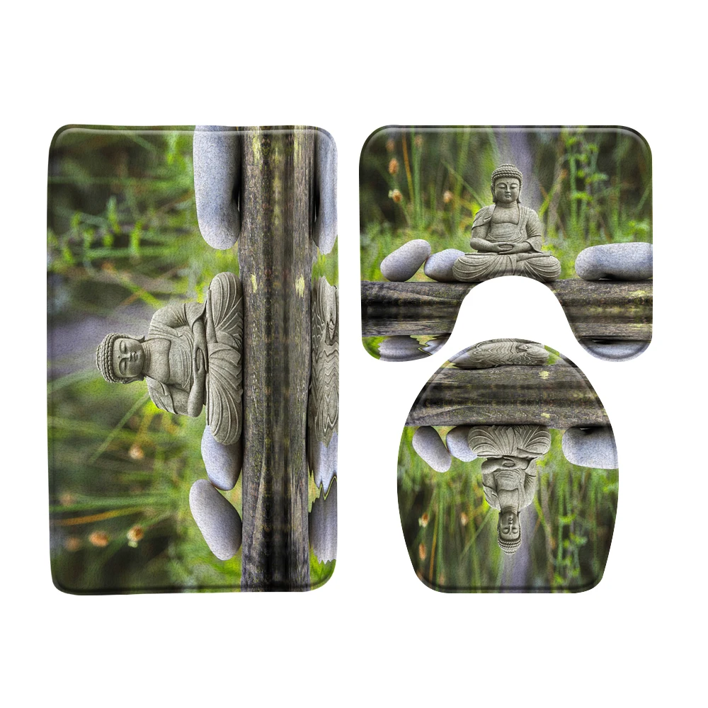 

Зеленый бамбуковый дизайнерский фланелевый ковер Будды, черный камень, цветы, садовый пейзаж, U-образный коврик, коврик для туалета, декор дл...