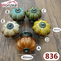 5pcs Pack 40mm Pumpkin Ceramic Knob Vintage Colorful Dresser Door Knob Zinc Alloy Kitchen Furniture Handle Cabinet Drawer Pull