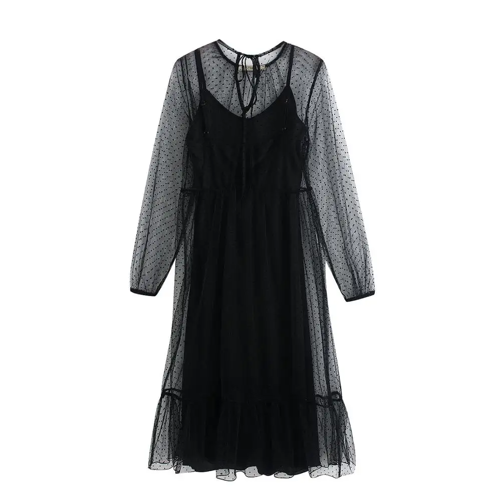 2019 za 2 шт женское модное SEMI SHEER Сетчатое платье в горошек с круглым вырезом Платья