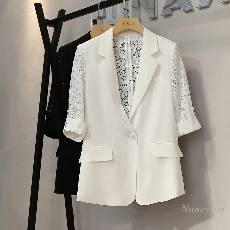 

Summer White Lace Blazer Women 2021 New Fashion Design Hollow Lace Suit Jacket Business Lady Thin Casual Coat Top Black