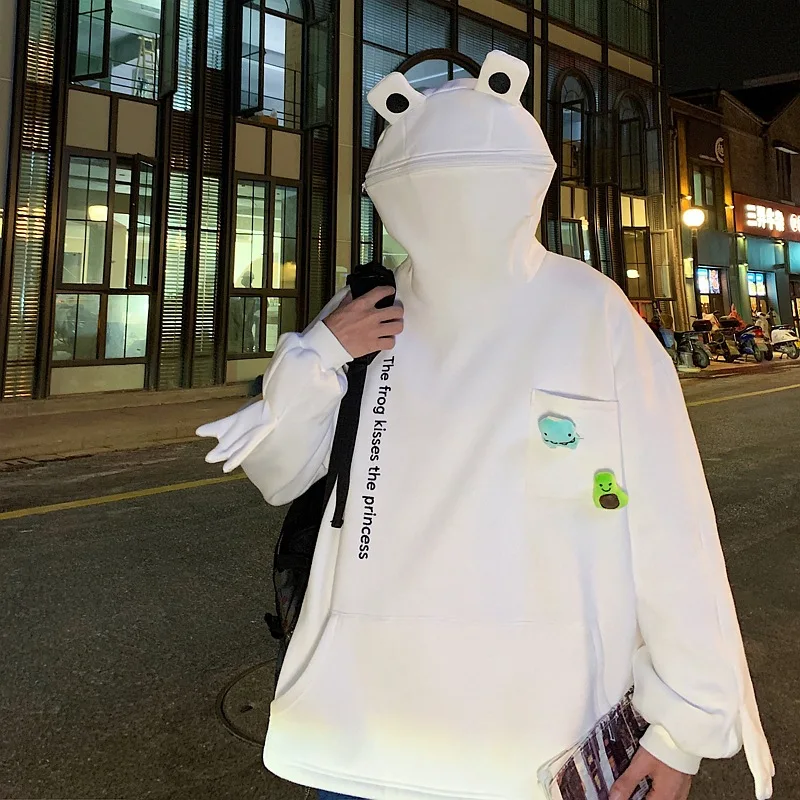 

super fire frog Pullover men's harbor fashion design sense Hooded Coat loose Plush coat lounge wear