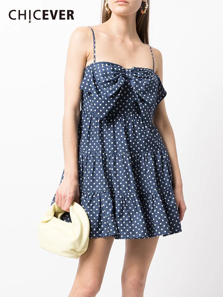 

CHICEVER Patchwork Bowknot Polka Dots Dress For Women Square Collar Sleeveless High Waist Mini Dresses Female Clothing 2021 New