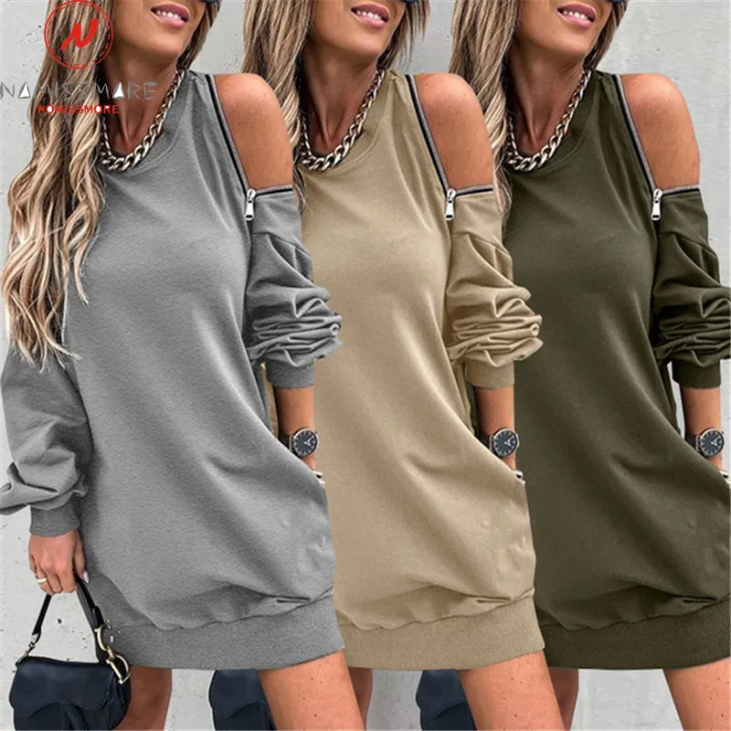 

Women Solid Color Dress for Streetwear Hollow Out Design Zipper Pockets Decor O-Neck Long Sleeve Autumn Casual Loose Dress