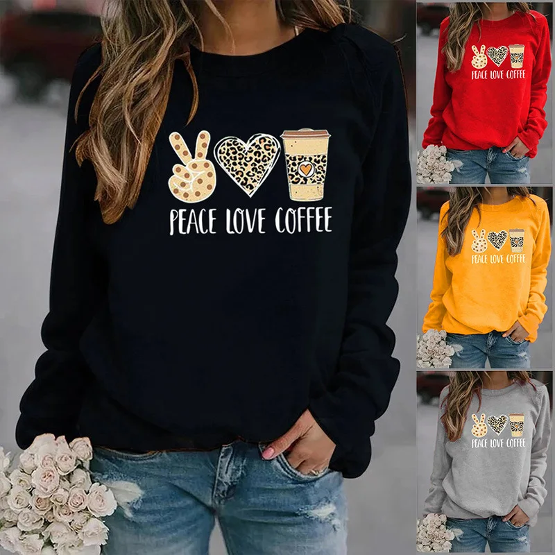 

Peace Love Coffee Printed Hoodies Women Fleece Long Sleeve O Neck Loose Sweatshirt Girls Women Hoodie Pullovers Winter