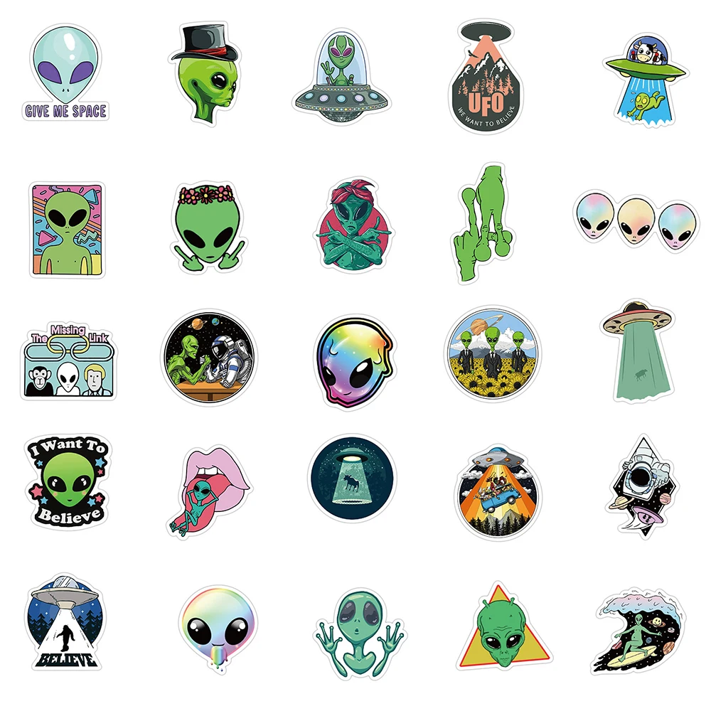 103050pcs cartoon ufo alien stickers laptop diy motorcycle luggage phone guitar skateboard waterproof joke sticker kid toy free global shipping
