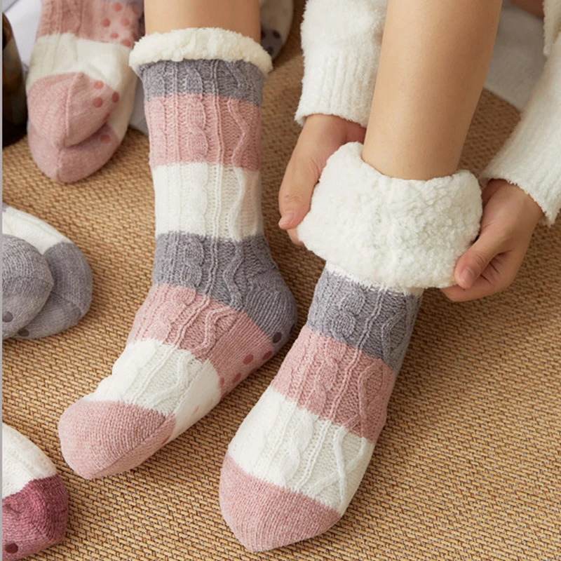Winter Cotton Socks Plus Thicken Comfortable Stripes Women Socks Mid-calf Sleep Warm Stocking Xmas Gift Home Floor Carpet Socks