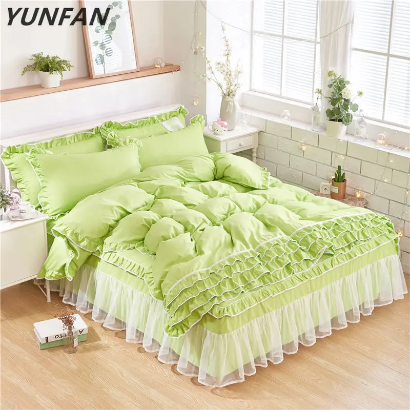 

Princess lace bedding set green pink purple twin full queen king home textile bedspread pillow case girls quilt cover bedclothes