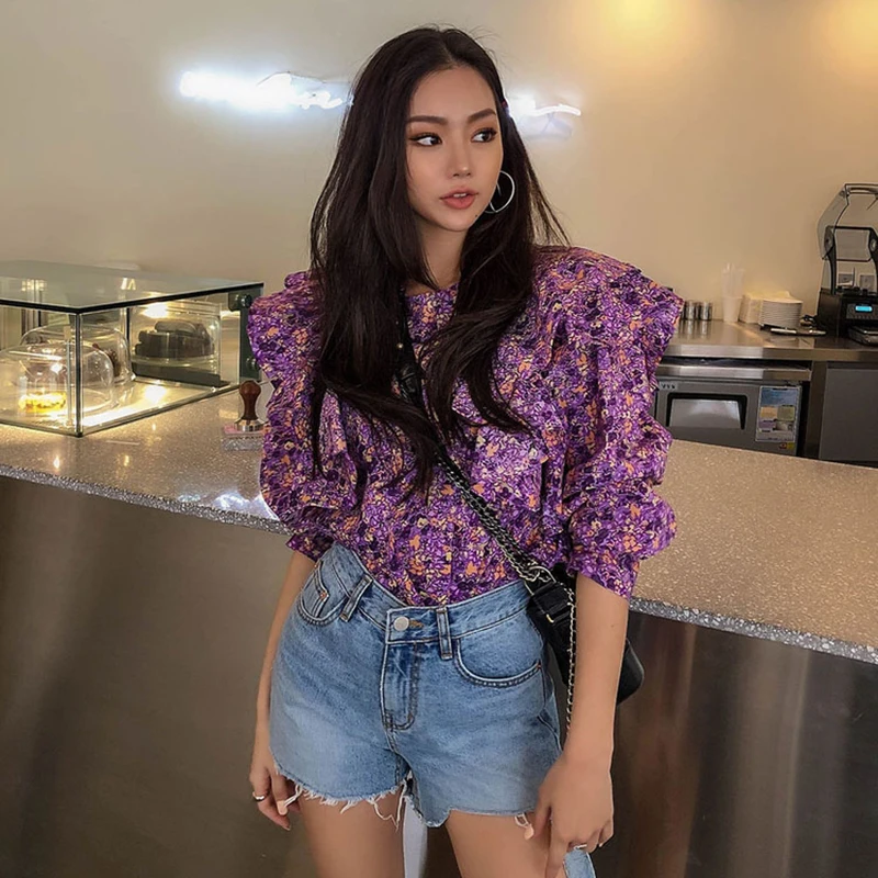 Блузка женская с цветочным принтом винтажная зеленая рубашка оборками корейский