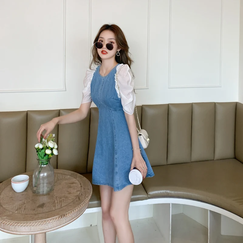 

COIGARSAM Patchwork Women one-piece dress korean New Summer Chiffon O-Neck Dresses 5817