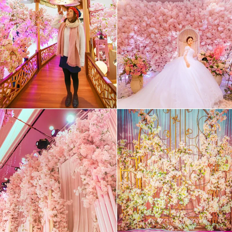 искусственные цветы декор для дома Симуляция вишни 100 см 4 ветви с зеленым цветком