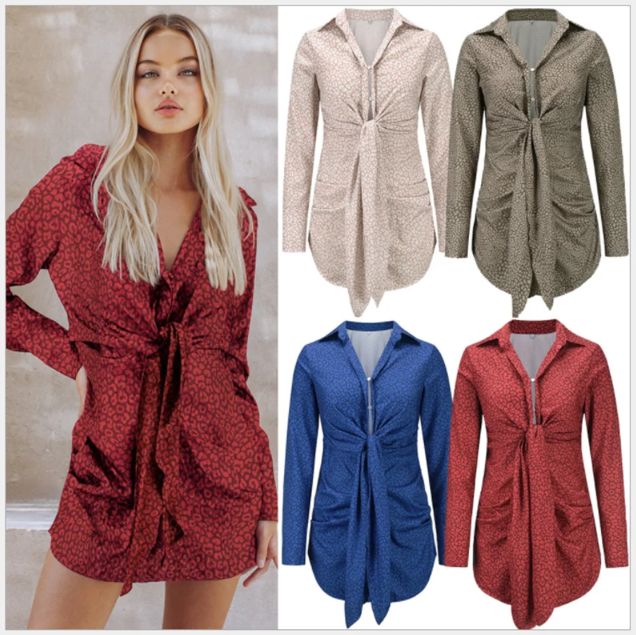 

2021 Fall/Winter Women's Plus Size New Lace-up Retro Leopard Shirt Waist Bow Printed Chiffon Long-sleeved Dress