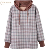 autumn casual plus size plaid hoodies women decoration drawstring brown hooded tops loose long sleeve spring and autumn pullover