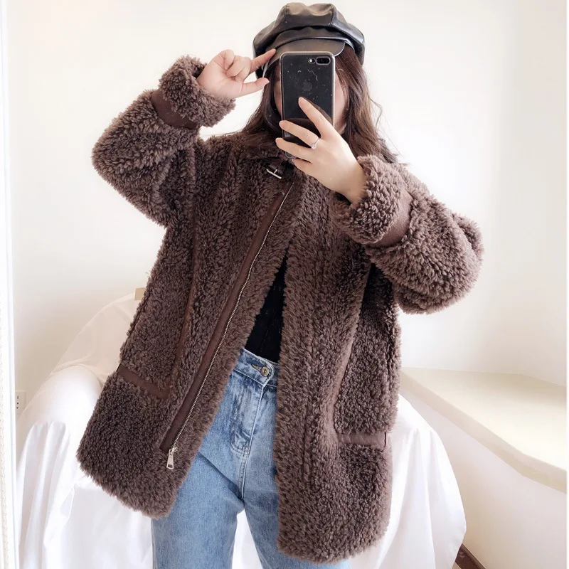 

2020 New Winter Coat Particle Sheep Shearling Jacket Womens Lamb Fleece Wool Overcoat One Piece Of Fur Outerwear Female