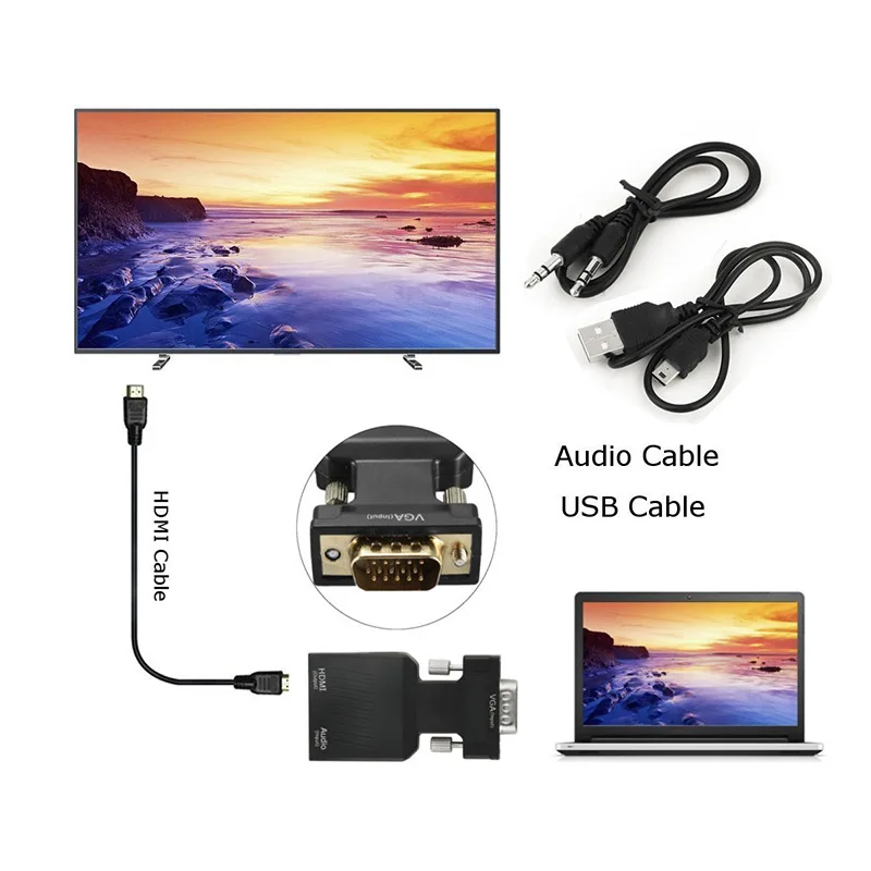Переходник VGA папа-мама с гнездом HDMI и аудиокабелями 480P/720P/1080P для PS3/4 HD TV монитора