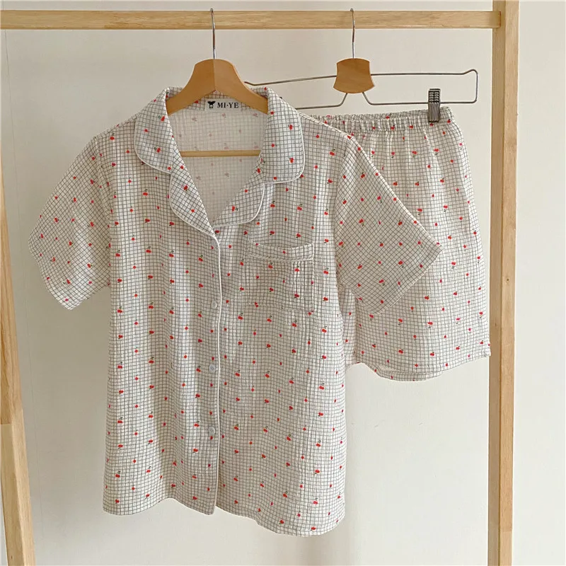 157 Summer Double layer Cotton Linen Plaid Cherry Print Pajama Set ladies pajamas suit Pyjamas Shorts pajamas women's homewear