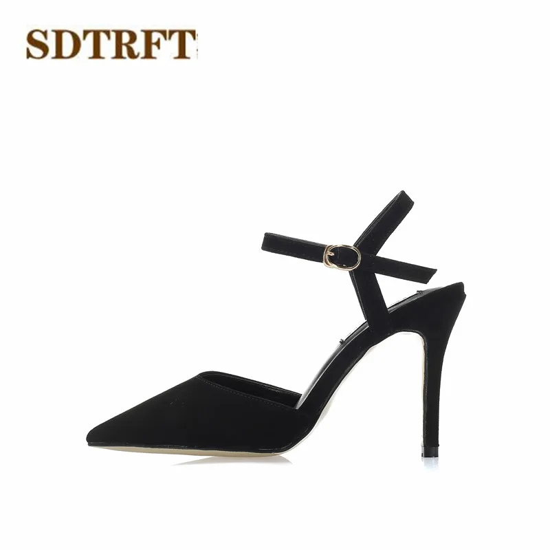 SDTRFT Summer Pumps Buckle shoes woman 10cm Thin high heels zapatos mujer sexy Crossdresser Stiletto Pointed Toe Flock Sandals | Обувь