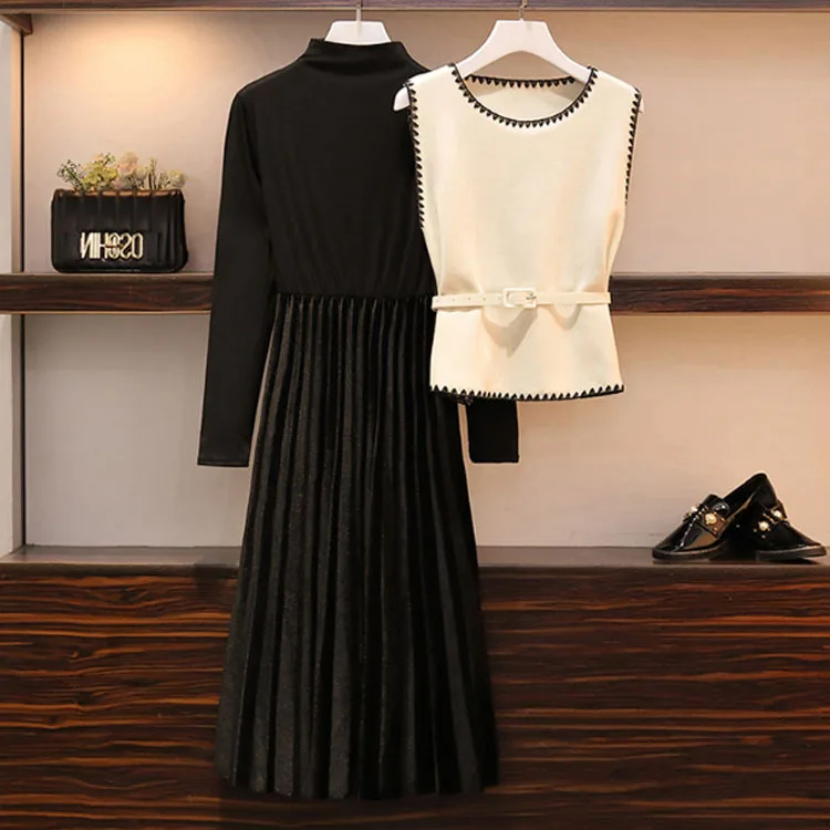 

[M-4XL 2Pcs Sets]2020 Plus Size Women's Autumn New Fat Sister Fashion Temperament Bottoming Shirt Vest Pleated Dress Two-Piece