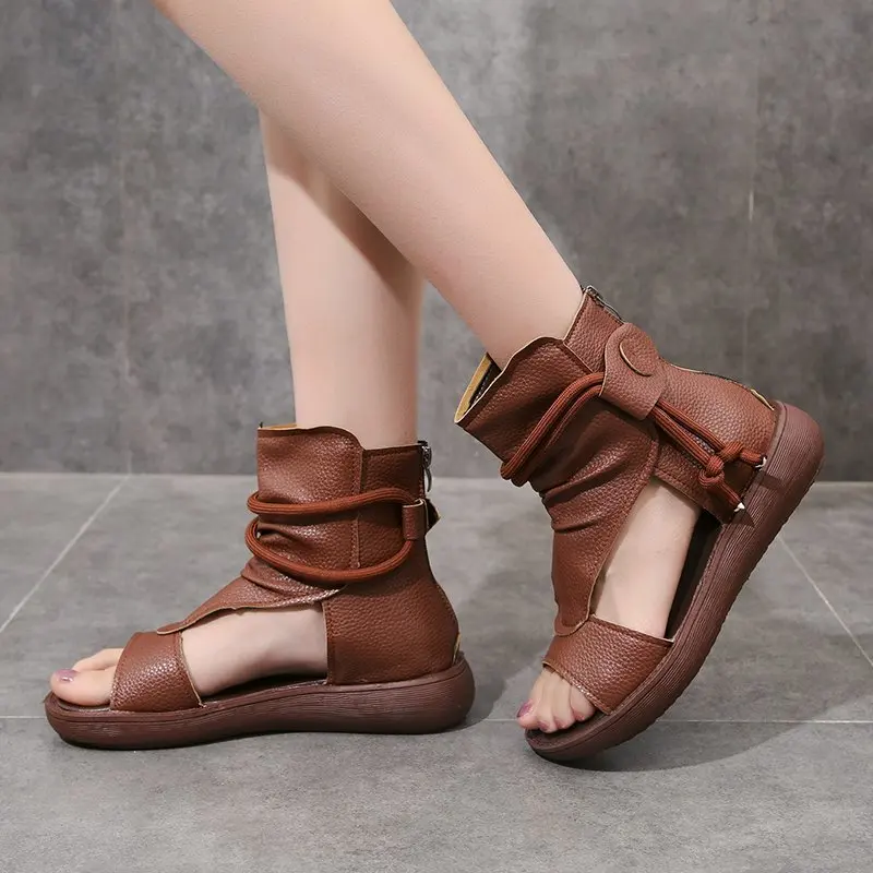 

Women Shoes 2021 Spring Summer Pu Leather Sandals Open Toe Round Head Ankle Boots Flat Platform Shoes for Women Zapatos De Mujer