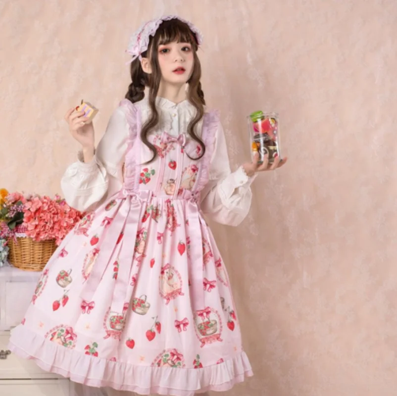 

Japanese sweet lolita dress vintage falbala bowknot cute printing high waist victorian dress kawaii girl gotic lolita jsk loli