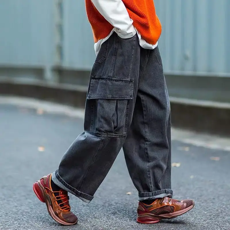 

Dark High Street Japanese Retro Pocket Summer Jeans Men Korean Version of The Trend Loose Straight Casual Overalls Men